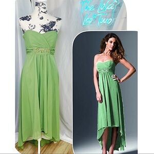 Vintage Y2K David’s Bridal Sage Green Pleated Strapless High-Low Formal Gown • 6